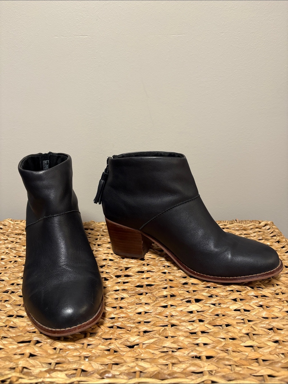 Toms Black Leather Ankle Booties with Stacked Heel